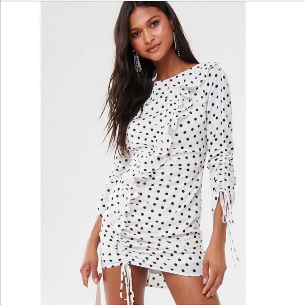 Blue Bush Black & White Polka Dot Ruffle Ruched Woven Dress Size Large